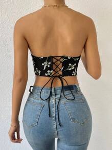 SHEIN Privé Áo nữ Bất đối xứng Lộ Lưng Ren lên Buộc lại Hoa Boho - màu đen - Xem 3