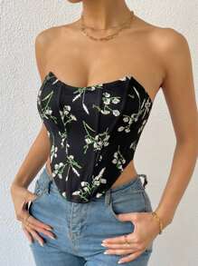 SHEIN Privé Áo nữ Bất đối xứng Lộ Lưng Ren lên Buộc lại Hoa Boho - màu đen - Xem 1