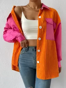 SHEIN Unity Colourblock Flap Pocket Drop Shoulder Corduroy Coat - Orange - View 1