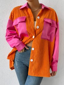 SHEIN Unity Colourblock Flap Pocket Drop Shoulder Corduroy Coat - Orange - View 3