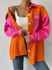 SHEIN Unity Colourblock Flap Pocket Drop Shoulder Corduroy Coat - Orange - View 4