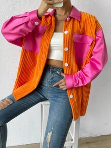 SHEIN Unity Colourblock Flap Pocket Drop Shoulder Corduroy Coat - Orange - View 5