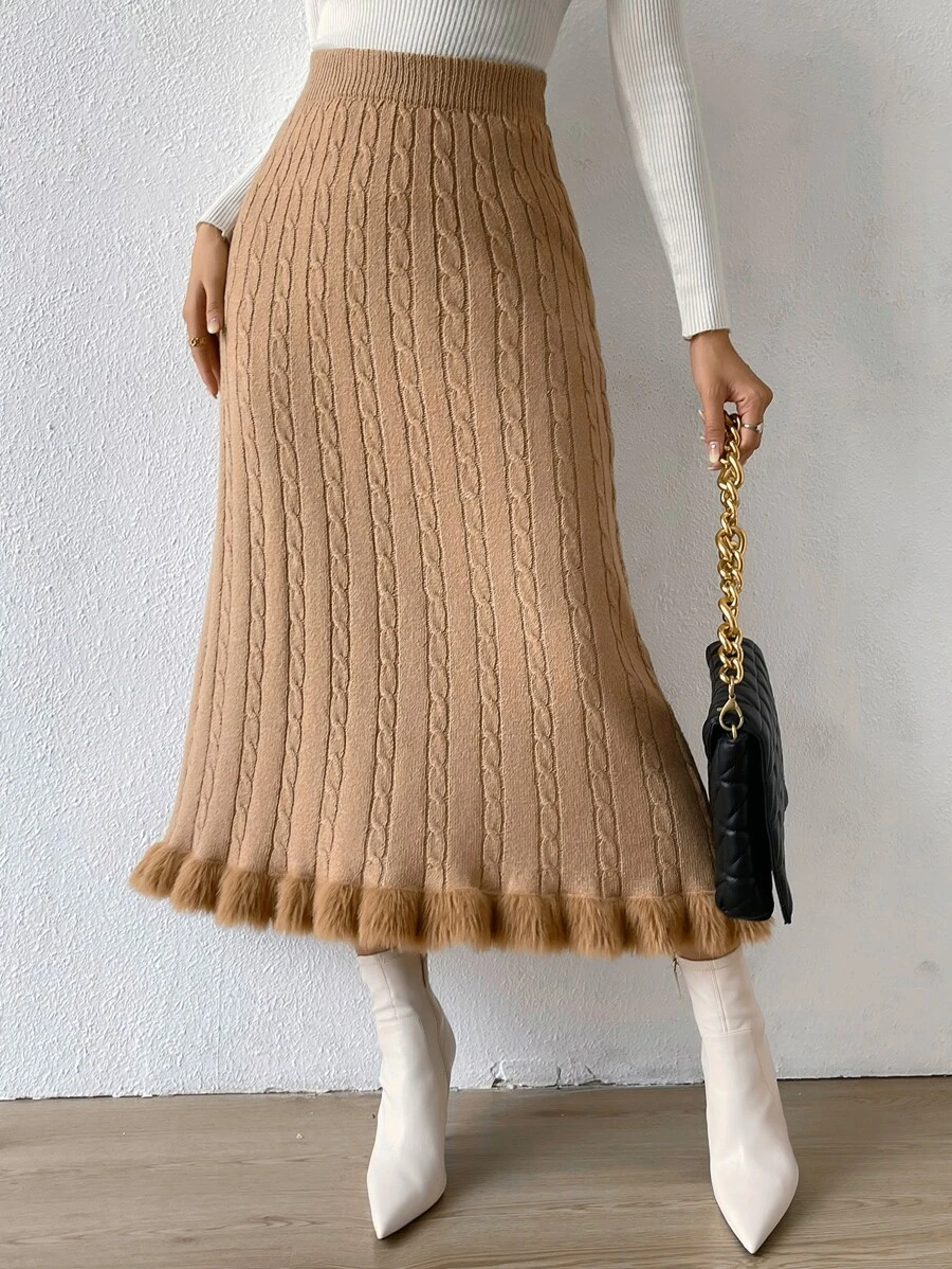 SHEIN LUNE Fuzzy Hem Cable Knit Skirt - Camel - View 1