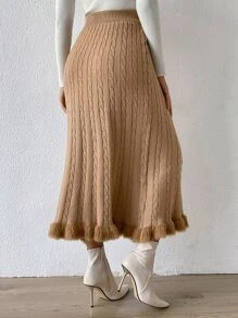 SHEIN LUNE Fuzzy Hem Cable Knit Skirt - Camel - View 2