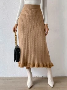 SHEIN LUNE Fuzzy Hem Cable Knit Skirt - Camel - View 3