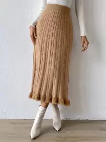 SHEIN LUNE Fuzzy Hem Cable Knit Skirt - Camel - View 4