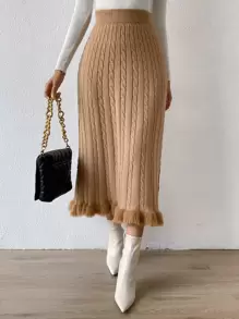 SHEIN LUNE Fuzzy Hem Cable Knit Skirt - Camel - View 5