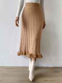 SHEIN LUNE Fuzzy Hem Cable Knit Skirt - Camel - View 6