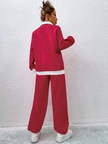 SHEIN Unity Letter Graphic Contrast Collar Drop Shoulder Sweatshirt & Joggers - Hot Pink - View 2