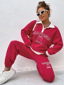 SHEIN Unity Letter Graphic Contrast Collar Drop Shoulder Sweatshirt & Joggers - Hot Pink - View 3
