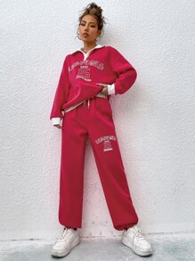 SHEIN Unity Letter Graphic Contrast Collar Drop Shoulder Sweatshirt & Joggers - Hot Pink - View 5
