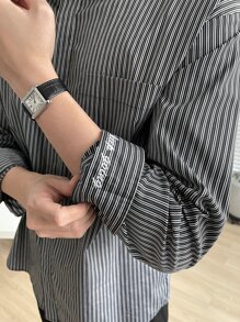 DAZY Camisa de vestir con botones ocultos y rayas para hombres - Blanco y Negro - Ver 3