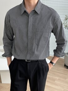 DAZY Camisa de vestir con botones ocultos y rayas para hombres - Blanco y Negro - Ver 4