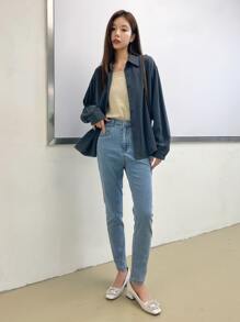 DAZY Chất rắn Thả vai Áo sơ mi - Màu xám đen - Xem 7