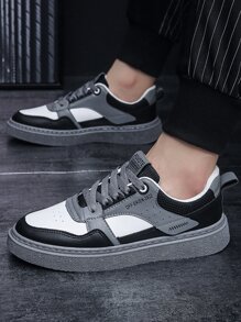 Men Letter Graphic Color Block Lace-up Front Skate Shoes - Black and White - View 1