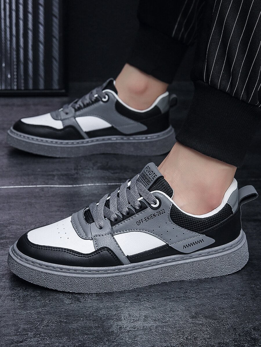 Men Letter Graphic Color Block Lace-up Front Skate Shoes - Black and White - View 1