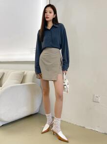 DAZY Chất rắn Thả vai Áo sơ mi - Màu xám đen - Xem 8