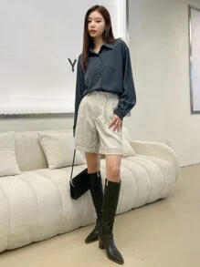 DAZY Chất rắn Thả vai Áo sơ mi - Màu xám đen - Xem 5