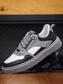 Men Letter Graphic Color Block Lace-up Front Skate Shoes - Black and White - View 3