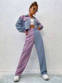 Flirla Two Tone Drop Shoulder Crop Jacket & High Waist Trousers - Multicolor - View 4