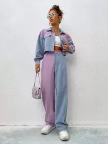 Flirla Two Tone Drop Shoulder Crop Jacket & High Waist Trousers - Multicolor - View 6