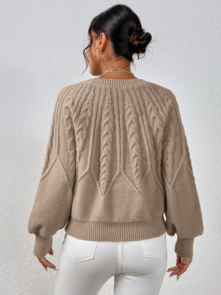 Cable Knit Lantern Sleeve Sweater,Long Sleeve Tops Knit Pullover Fall Winter