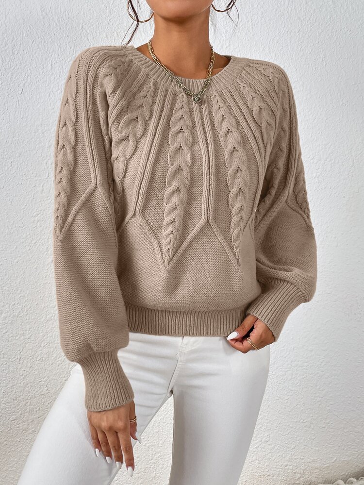 Cable Knit Lantern Sleeve Sweater,Long Sleeve Tops Knit Pullover Fall Winter