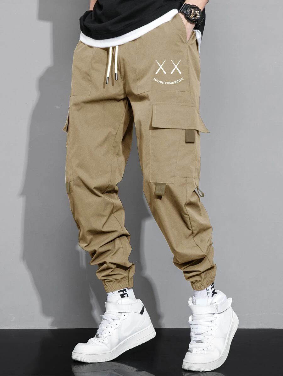 Manfinity Hypemode Men Letter & Expression Print Flap Pocket Drawstring Waist Cargo Trousers - Khaki - View 1