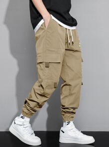 Manfinity Hypemode Men Letter & Expression Print Flap Pocket Drawstring Waist Cargo Trousers - Khaki - View 3