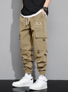 Manfinity Hypemode Men Letter & Expression Print Flap Pocket Drawstring Waist Cargo Trousers - Khaki - View 4