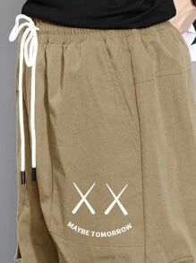 Manfinity Hypemode Men Letter & Expression Print Flap Pocket Drawstring Waist Cargo Trousers - Khaki - View 6