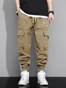 Manfinity Hypemode Men Letter & Expression Print Flap Pocket Drawstring Waist Cargo Trousers - Khaki - View 7