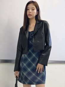 DAZY Lapel Neck PU Crop Jacket - Black - View 1