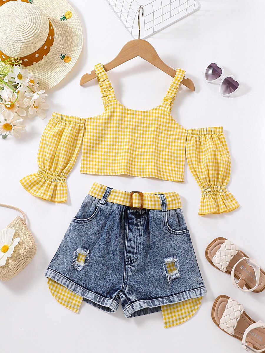 Toddler Girls Gingham Cold Shoulder Top & Ripped Belted Denim Shorts - Multicolor - View 1