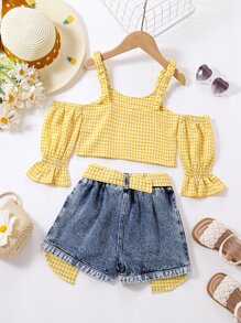 Toddler Girls Gingham Cold Shoulder Top & Ripped Belted Denim Shorts - Multicolor - View 2