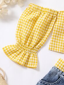 Toddler Girls Gingham Cold Shoulder Top & Ripped Belted Denim Shorts - Multicolor - View 3