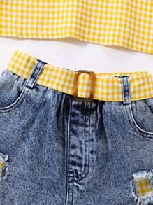 Toddler Girls Gingham Cold Shoulder Top & Ripped Belted Denim Shorts - Multicolor - View 5