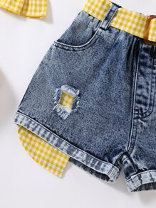Toddler Girls Gingham Cold Shoulder Top & Ripped Belted Denim Shorts - Multicolor - View 6