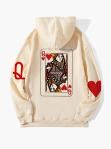 SHEIN EZwear Playing Card Print Kangaroo Pocket Thermal Lined Drawstring Hoodie - Apricot - View 1