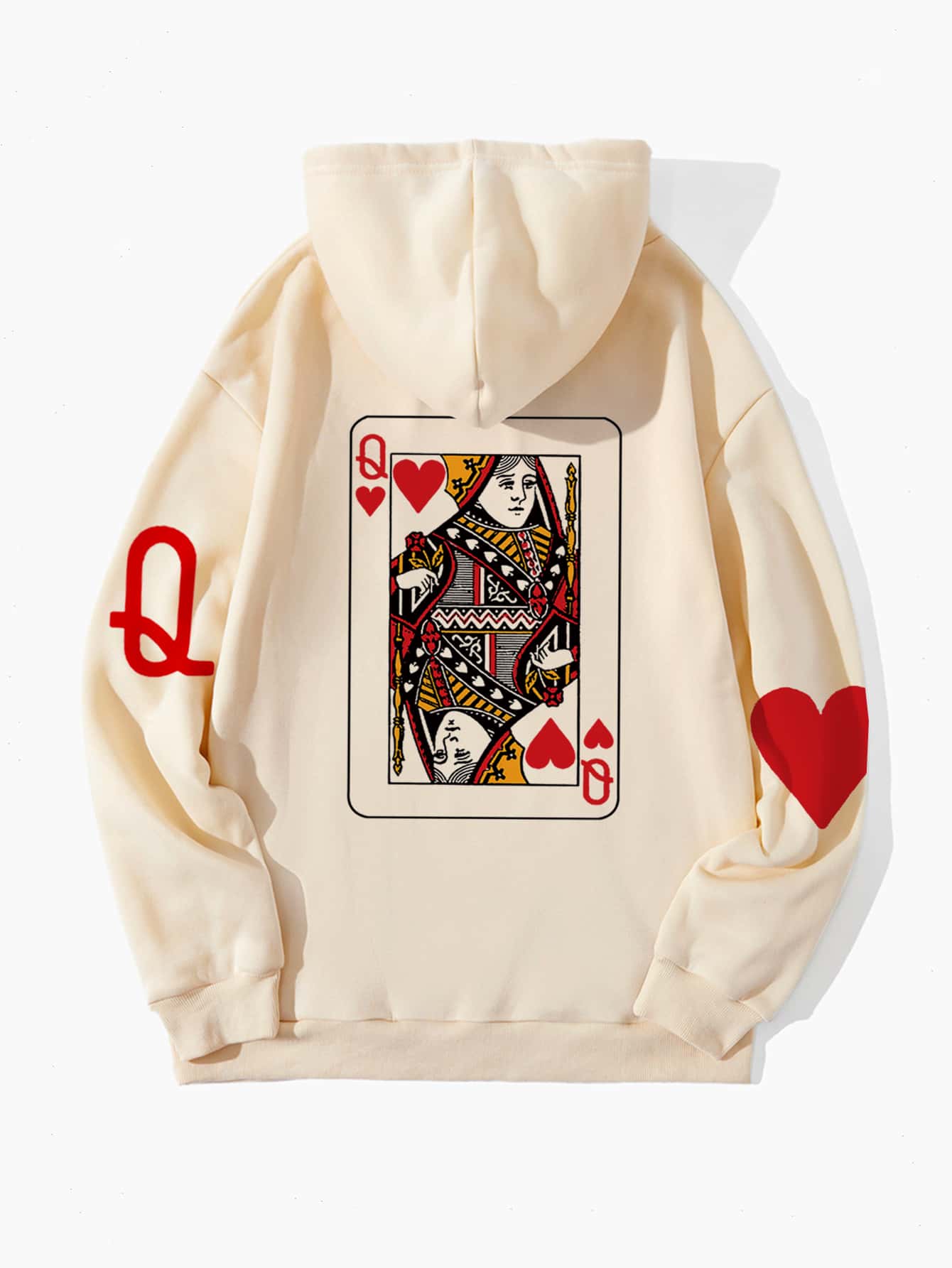 SHEIN EZwear Playing Card Print Kangaroo Pocket Thermal Lined Drawstring Hoodie - Apricot - View 1