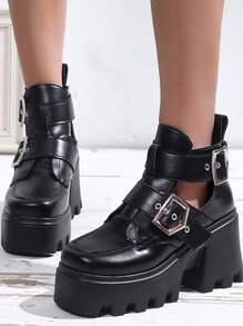 ROMWE Dark Academia botas con plataforma con hebilla con diseño de ojal - Negro - Ver 2