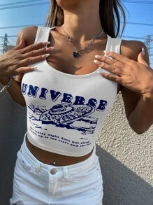 SHEIN ChicEase Spaceship & Slogan Graphic Tank Top UNIVERSE The Starry Night Does Not Sleep We Look Up At The Stars And The Sea - White - View 6