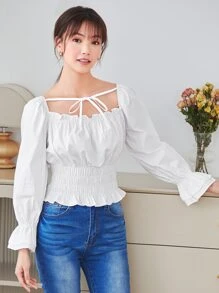 Solid Frill Trim Ruched Bust Shirred Blouse - White - View 1