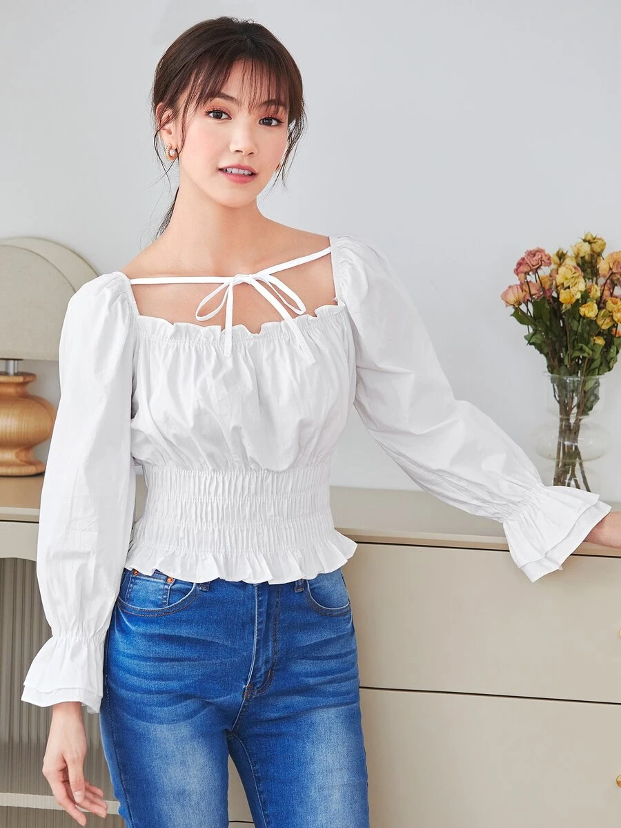 Solid Frill Trim Ruched Bust Shirred Blouse - White - View 1