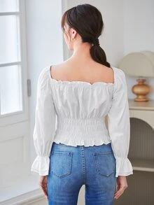 Solid Frill Trim Ruched Bust Shirred Blouse - White - View 2