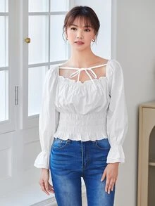 Solid Frill Trim Ruched Bust Shirred Blouse - White - View 3