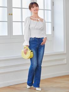 Solid Frill Trim Ruched Bust Shirred Blouse - White - View 4