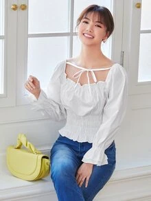 Solid Frill Trim Ruched Bust Shirred Blouse - White - View 5