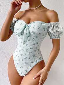 SHEIN Holidaya Floral Print Off Shoulder Knot Front Lace Bodysuit - Mint Green - View 1