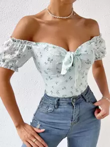 SHEIN Holidaya Floral Print Off Shoulder Knot Front Lace Bodysuit - Mint Green - View 4